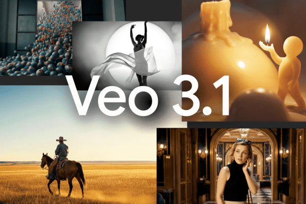 A collage of five images with Veo 3 .1 text overlaid in the center. The images include spheres in a bin , a dancer , a figure holding a candle, a cowboy on horseback, and a woman in a hallway .