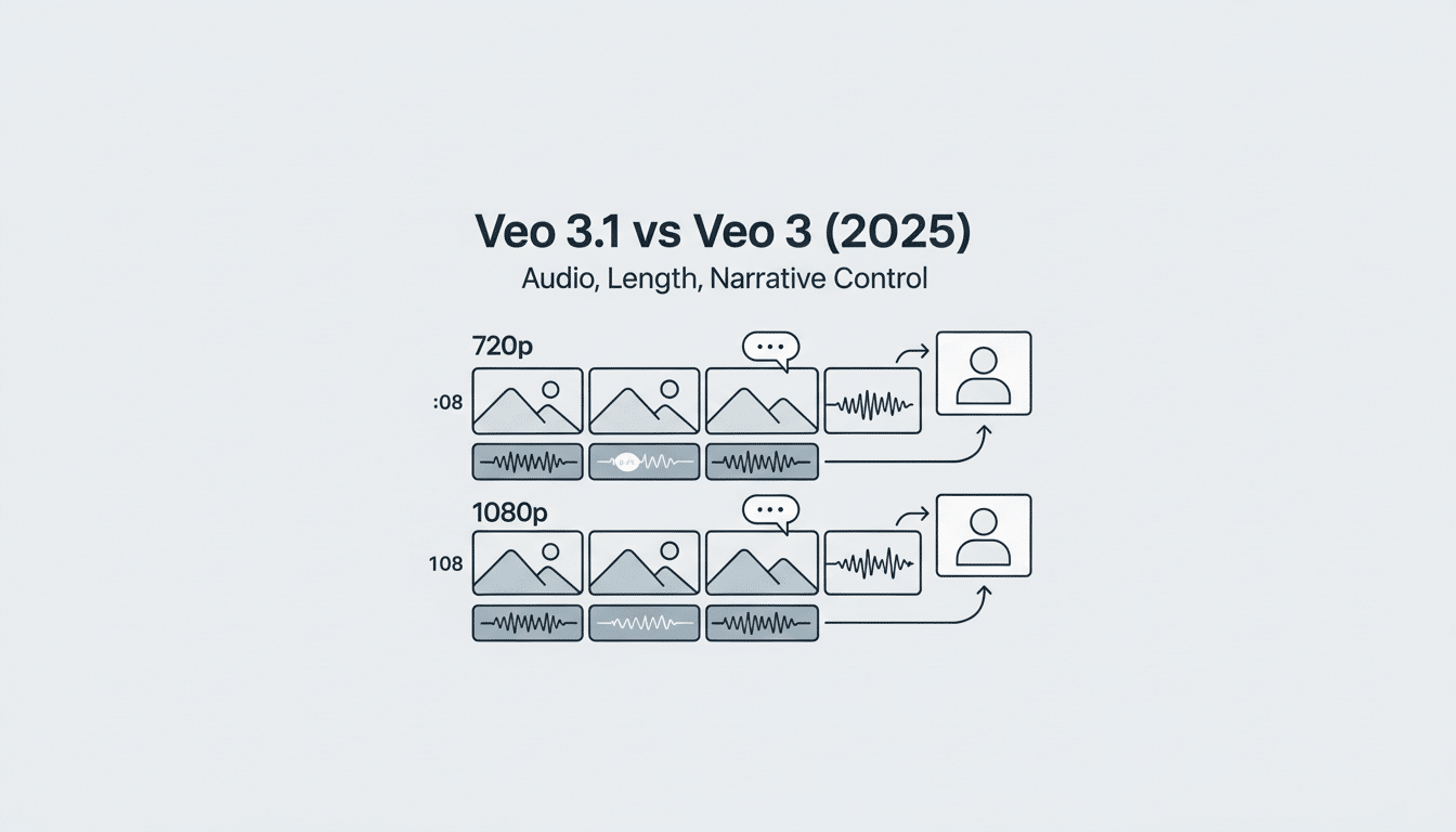A diagram comparing Veo 3.1 and Veo 3 (20 25) across 720p and 10 80p resolutions , illustrating differences in audio, length, and narrative control through a series of image and waveform icons .