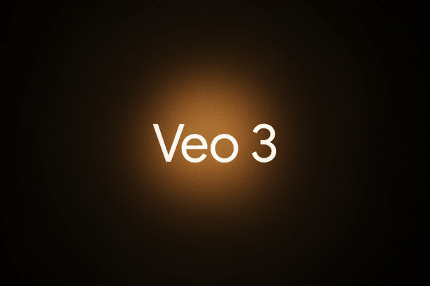The text Veo 3 is displayed in white letters with a glowing effect against a dark, warm - toned background that features a subtle central light source.