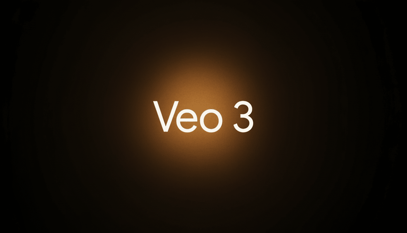 The text Veo 3 is displayed in white letters with a glowing effect against a dark, warm - toned background that features a subtle central light source.