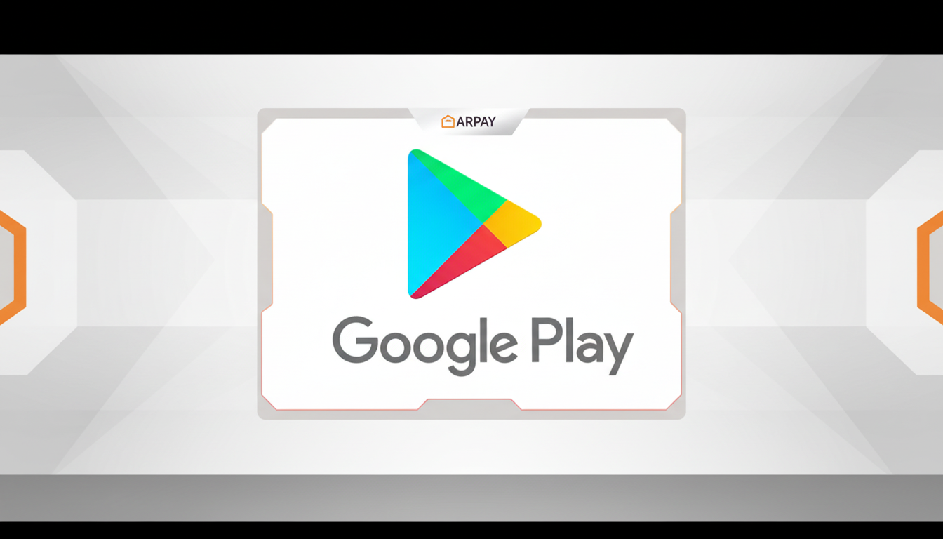 The Google Play logo and text Google Play centered on a white background with a subtle geometric pattern, framed by a dark border and an orange accent on the sides, all set against a wider, dark gray background.