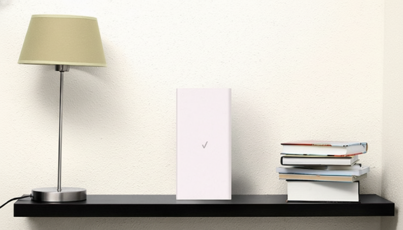 A white Verizon router sits on a black shelf between a lamp and a stack of books, against a light-colored wall.