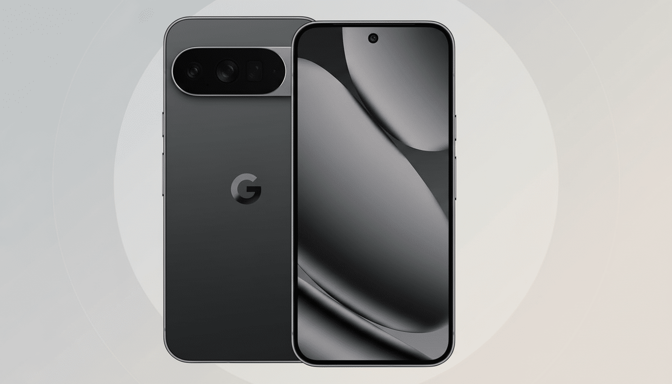 A professional 16:9 image showing the front and back of a dark grey Google Pixel smartphone . The background is a soft, gradient flat design.