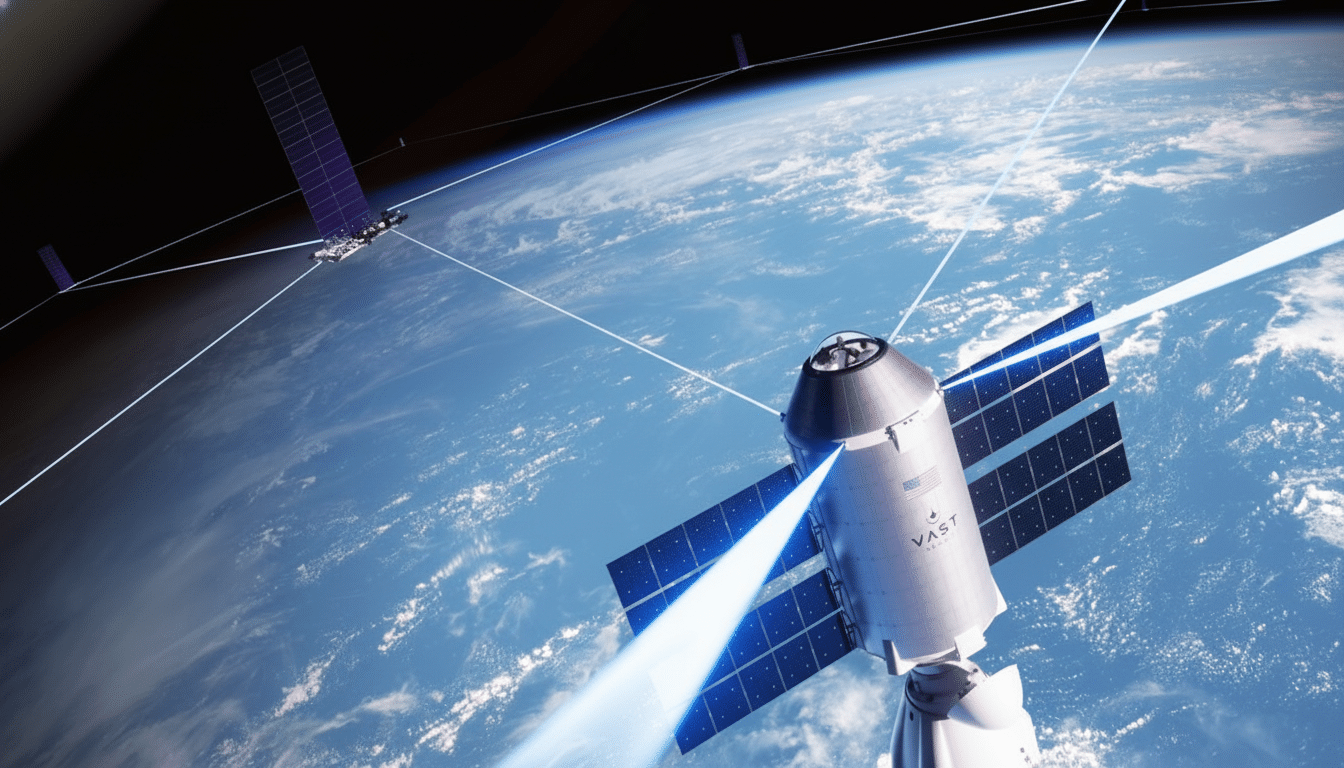 A Vast Space satellite orbiting above Earth, with a blue light beam emanating from it, connecting to other satellites in a network. Filename : vastspace satellite 1 69. png