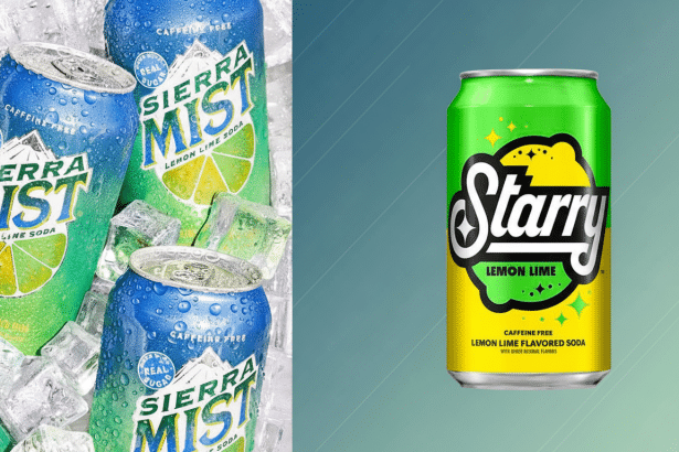 A 16:9 image comparing three Sierra Mist cans on ice with a single Starry lemon - lime soda can on a soft gradient background .