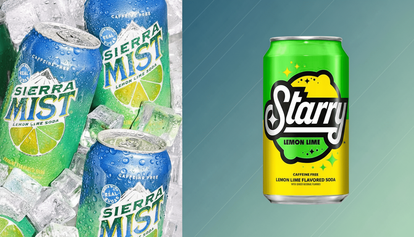A 16:9 image comparing three Sierra Mist cans on ice with a single Starry lemon - lime soda can on a soft gradient background .