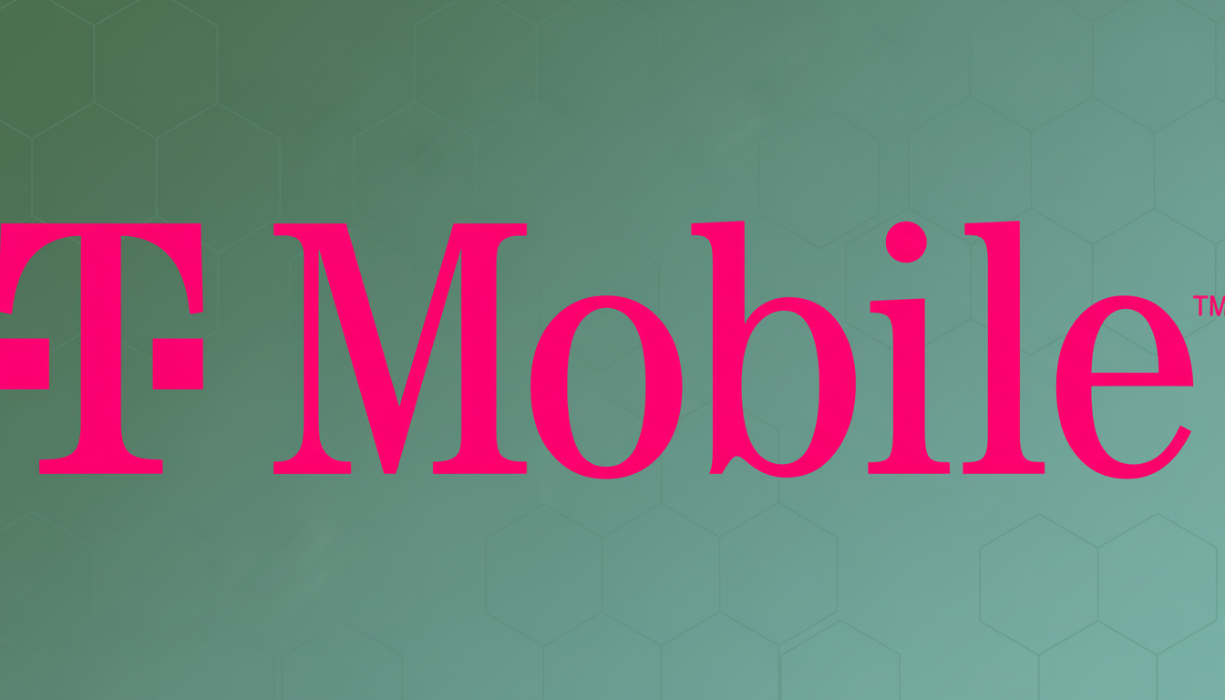 The T-Mobile logo in bright pink against a professional flat design background with soft, subtle hexagonal patterns in shades of green.
