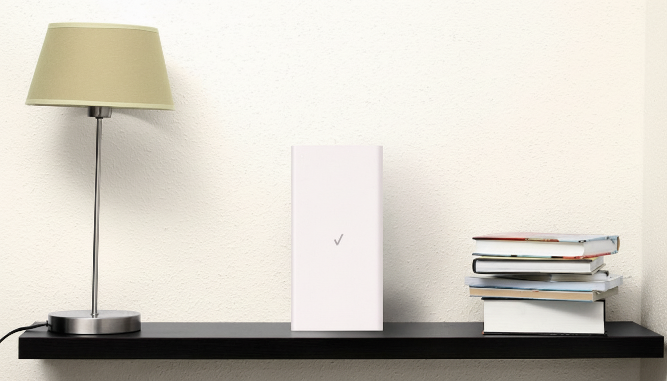 A white Verizon router sits on a black shelf between a lamp and a stack of books, against a light-colored wall.