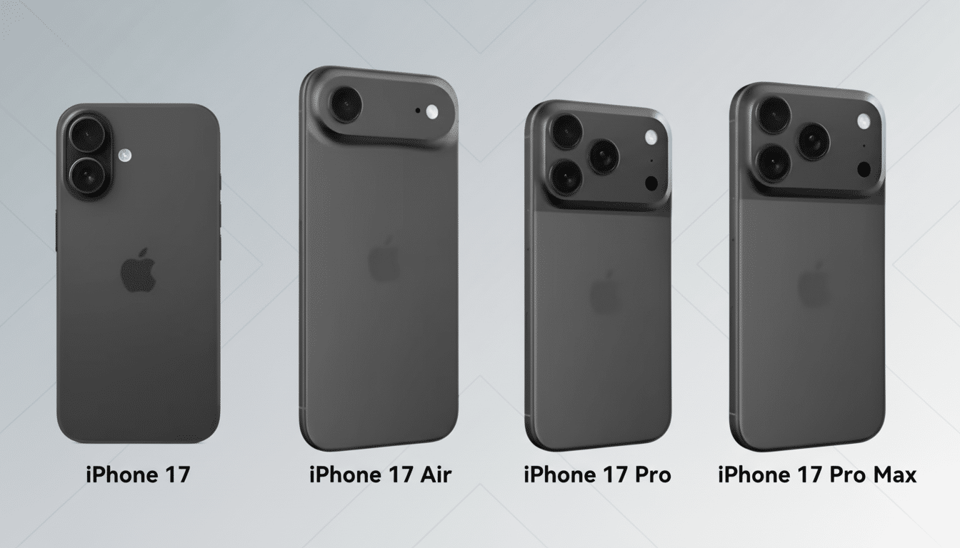 Four dark gray smartphones, labeled iPhone 17, iPhone 1 7 Air, iPhone 17 Pro, and iPhone 17 Pro Max, are displayed against a subtle gradient backgroun