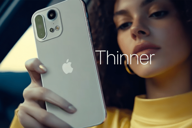 A young woman with curly hair holding a sleek iPhone with the word Thinner overlaid on the image.
