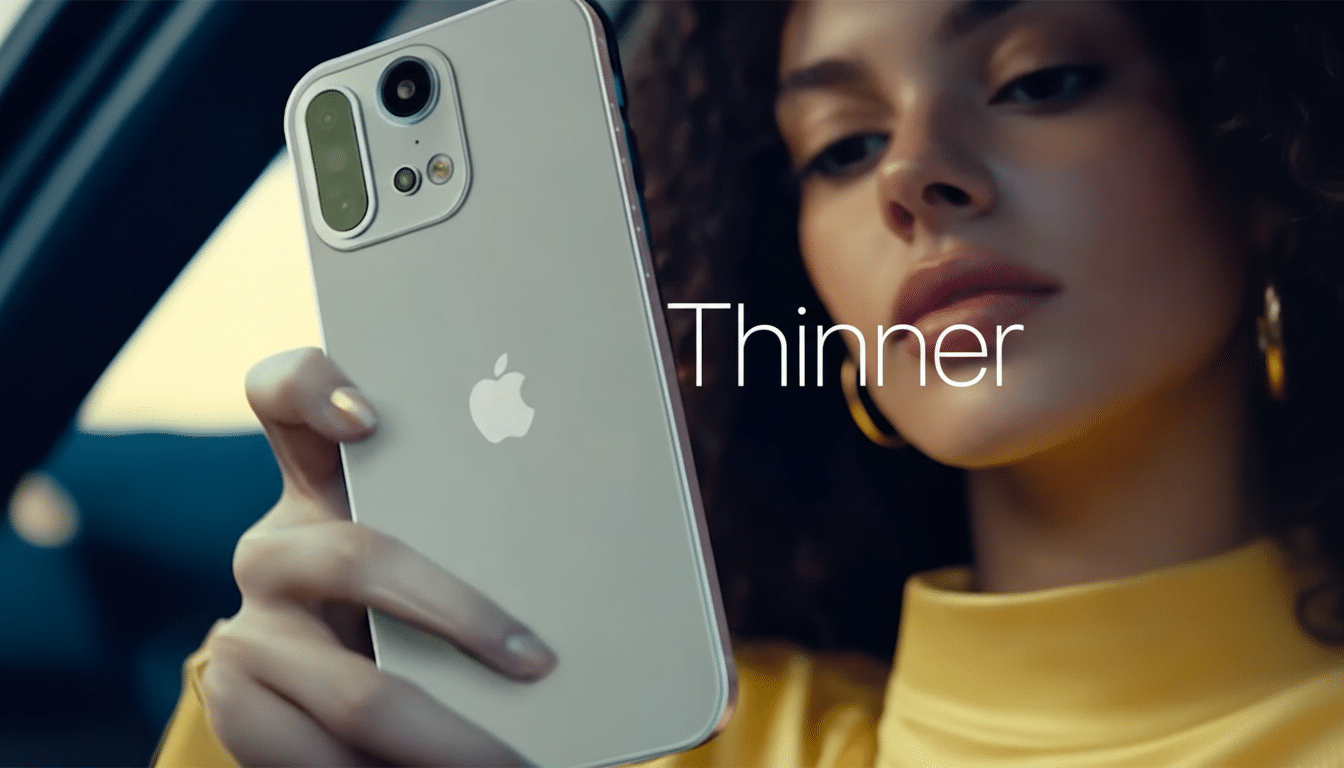 A young woman with curly hair holding a sleek iPhone with the word Thinner overlaid on the image.