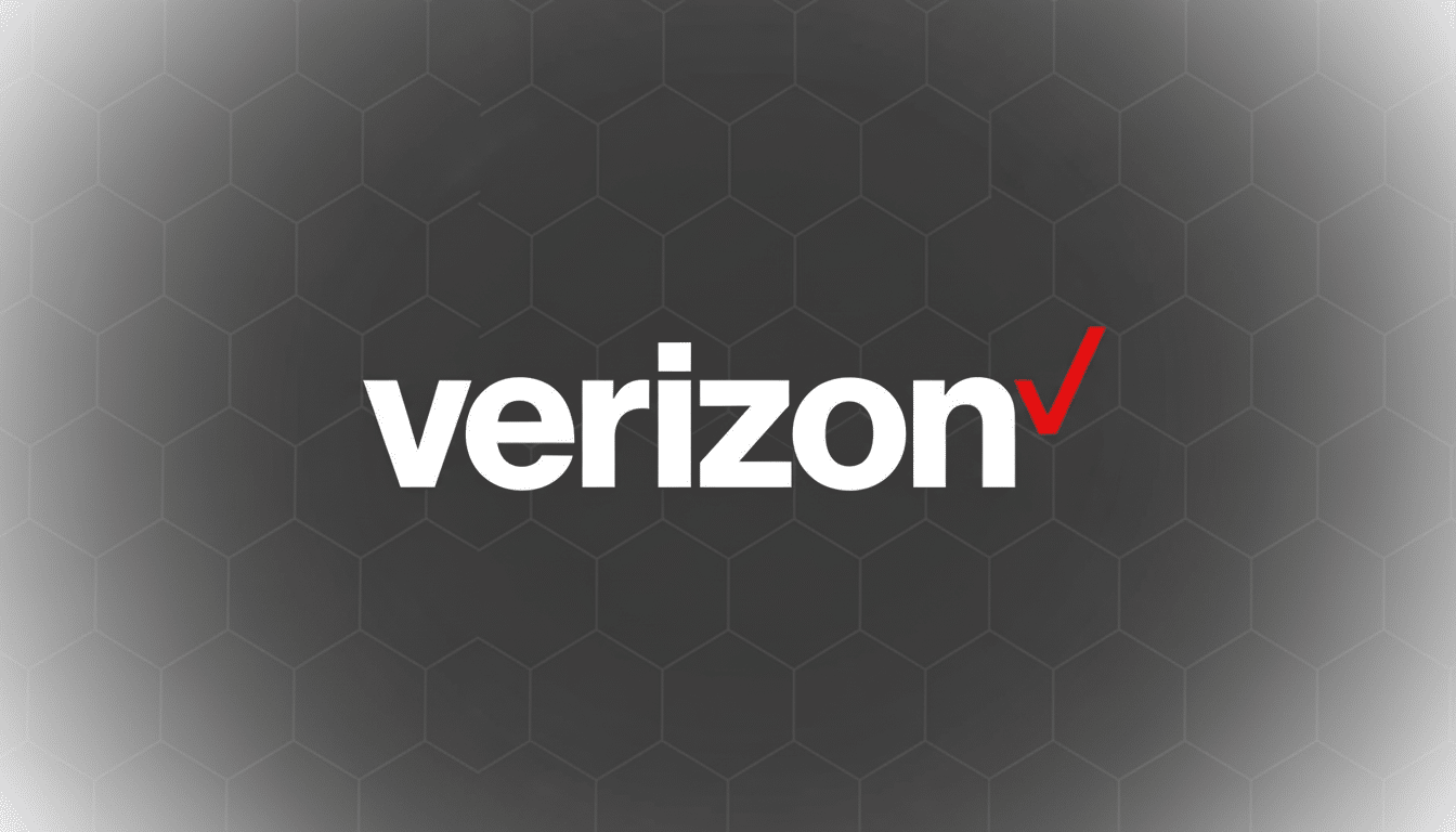 The Verizon logo in white text with a red check mark, centered on a dark grey background with a subtle hexagonal pattern.