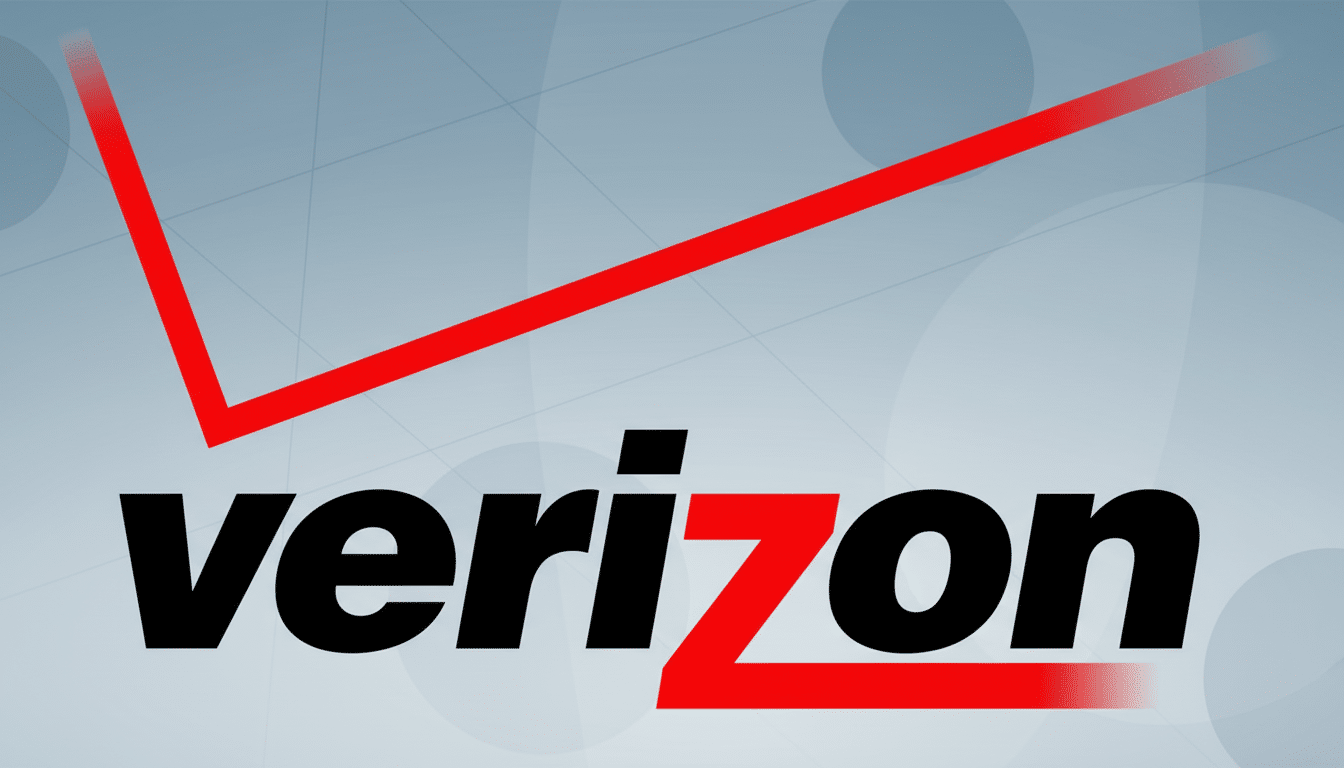 The Verizon logo with a red check mark above the word verizon in black, set against a professional light grey background with subtle geometric pattern