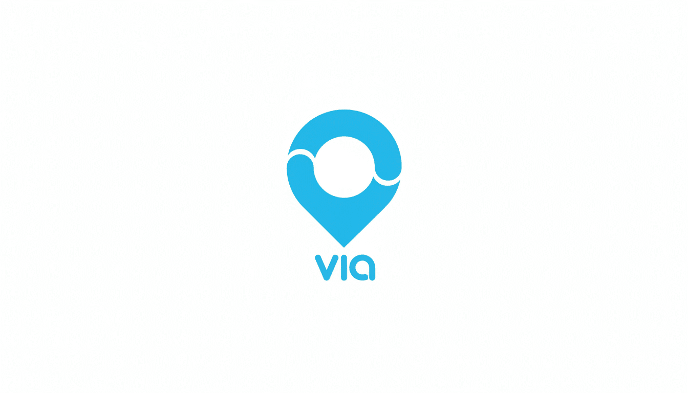 White background with a light blue Via logo, featuring a circular top half and a pointed bottom half