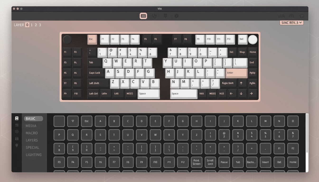 Screenshot of the VIA software interface displaying a keyboard layout editor and key re mapping options.