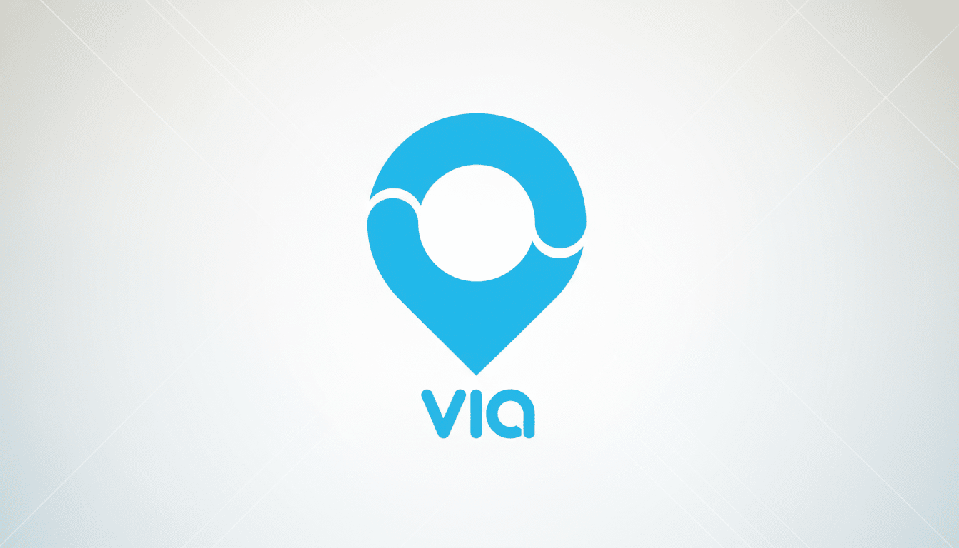 The Via logo, a light blue location pin icon with a circular opening at the top and the word VIA in light blue text below, set against a subtle light