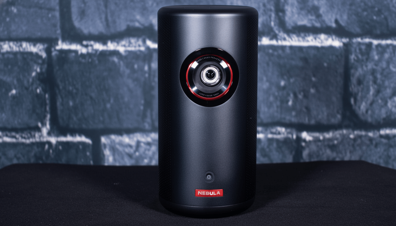 A professional shot of a black Nebula portable projector with a red ring around its lens, set against a dark brick wall background .