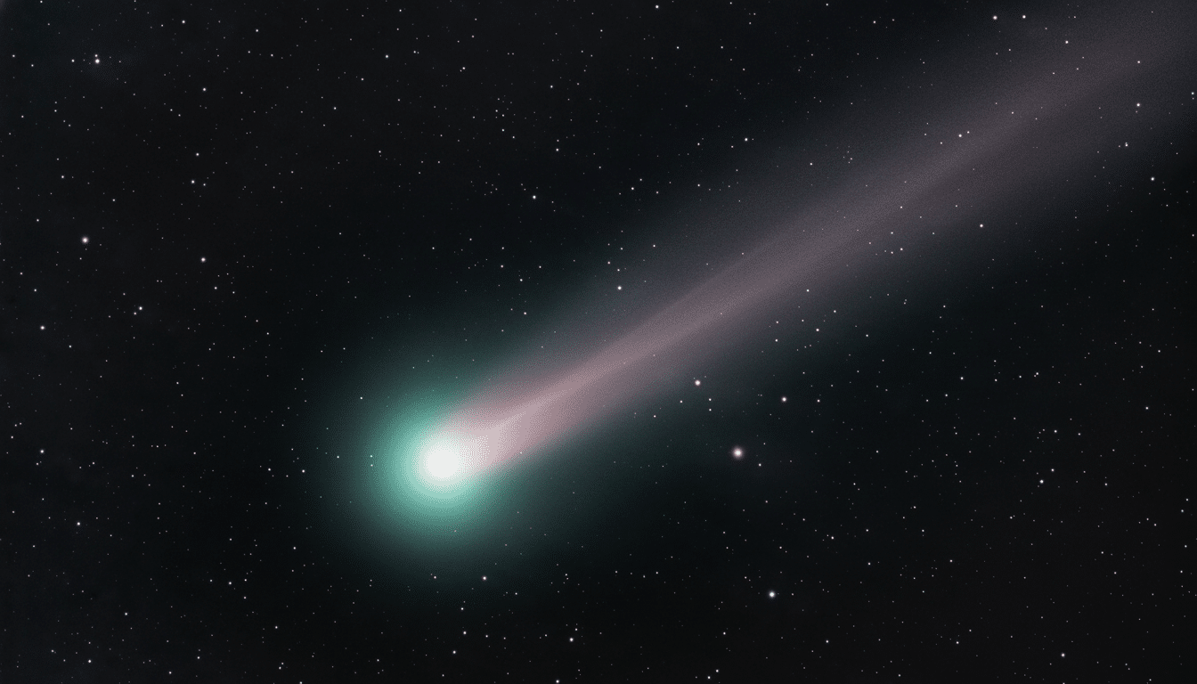 A vibrant comet with a glowing greenish -blue head and a long , diffuse pinkish- purple tail extending across a dark, star-filled night sky. Filename : vibrant comet night sky.png