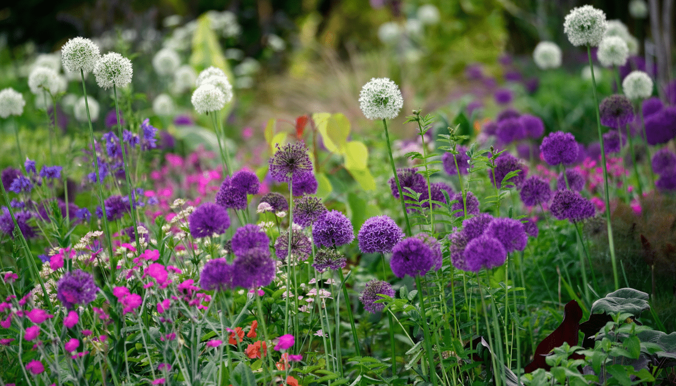 A vibrant garden with white and purple alliums in full bloom, surrounded by various pink, purple, and orange flowers and lush green foliage, enhanced