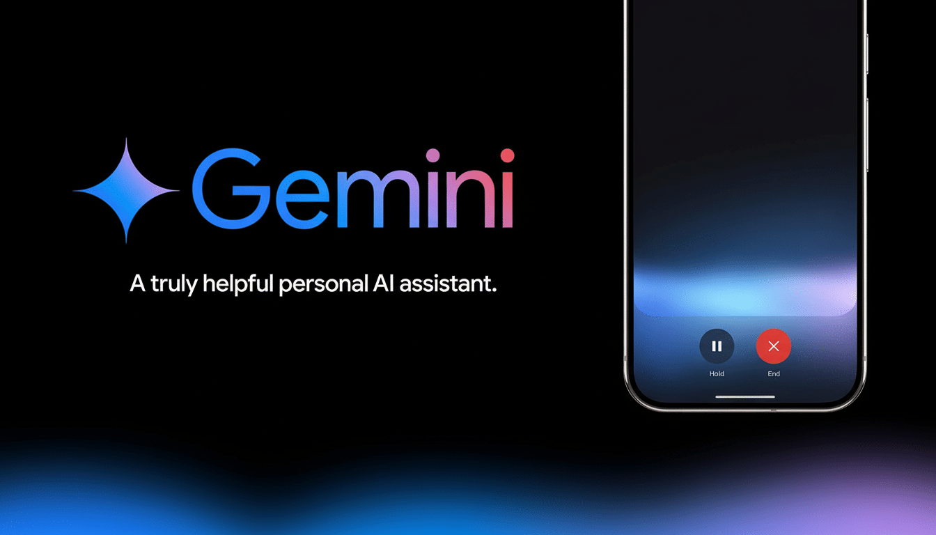 A 16:9 aspect ratio image featuring the Gemini logo and slogan A truly helpful personal AI assistant on the left, next to a smartphone screen displaying a call interface with Hold and End buttons on the right.