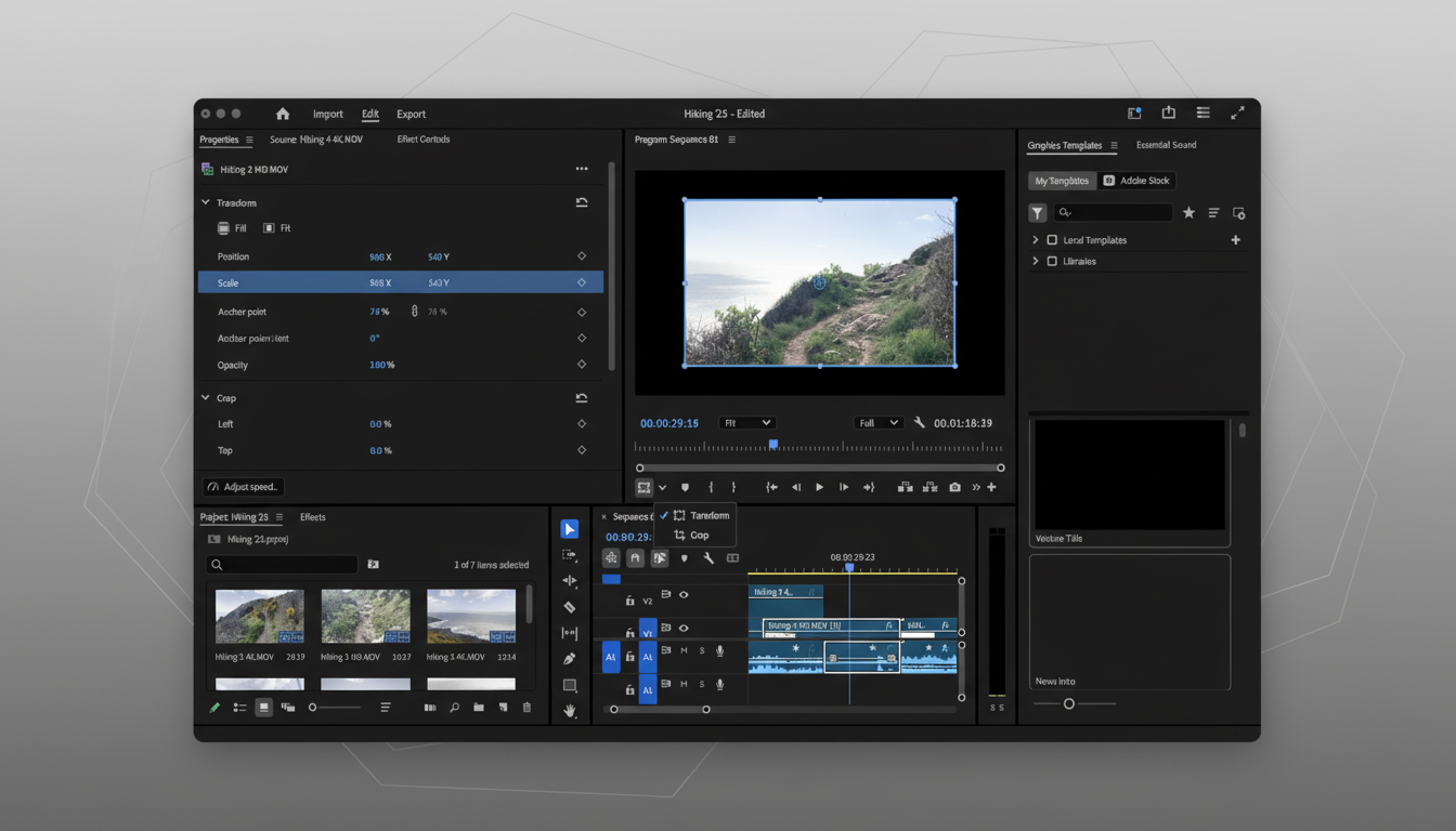 Screenshot of a video editing software interface , showing a clip of a hiking trail being resized to a 16: 9 aspect ratio within the preview window , with various controls and timelines visible .