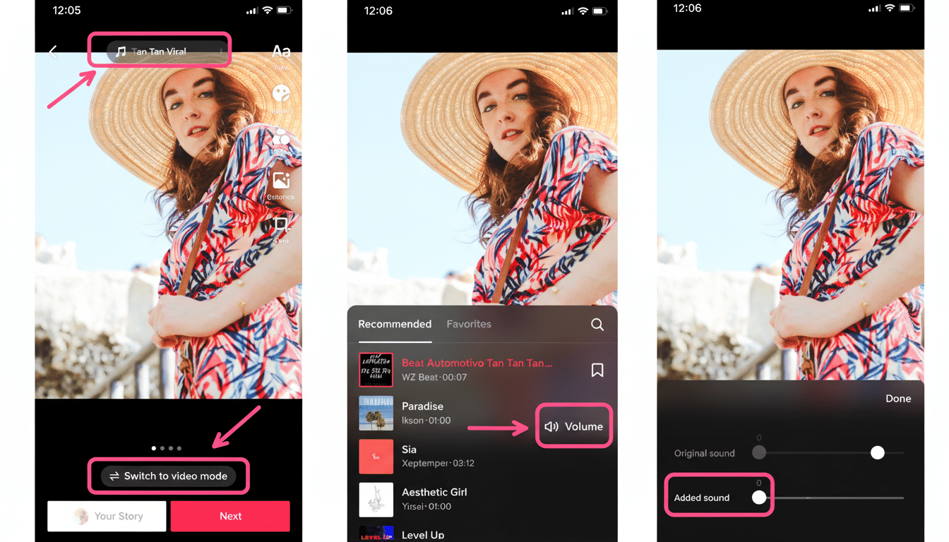 A series of three iPhone screenshots demonstrating how to add music to a video within an app. The first screenshot shows the video editing interface w