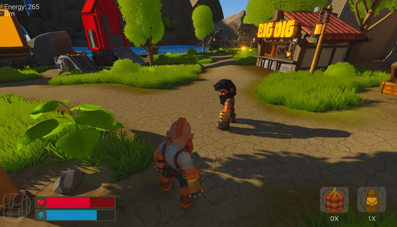 A video game screenshot showing two stylized characters in a vibrant, cartoon ish village setting with a building labeled BIG DIG.