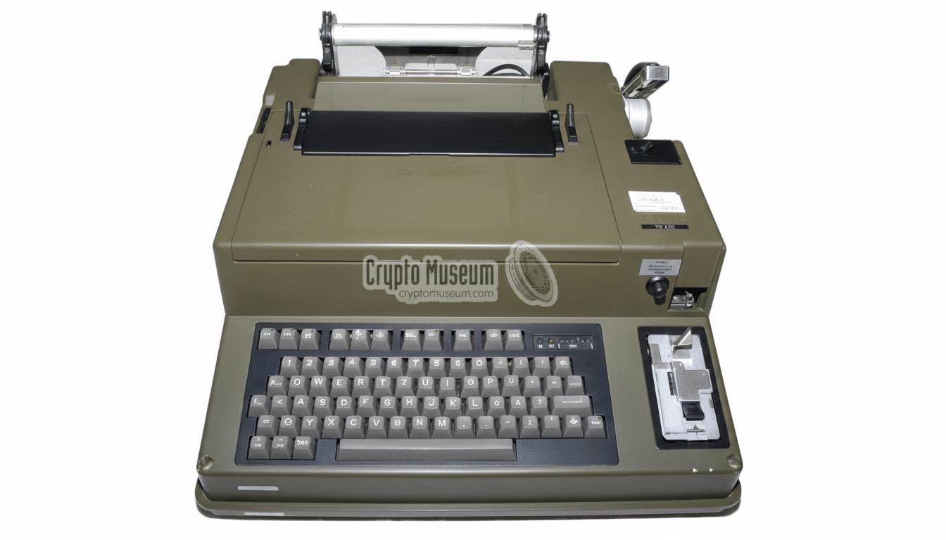 A vintage olive green tele printer machine with a QW ERTZ keyboard and a paper roll mechanism on top, set against a plain white background. Filename : vintage teleprinter 16x 9.png