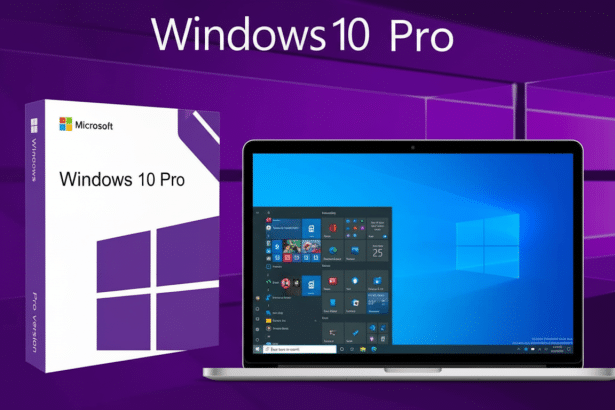 Windows 10 Pro box and laptop with Windows 10 desktop on a purple background.