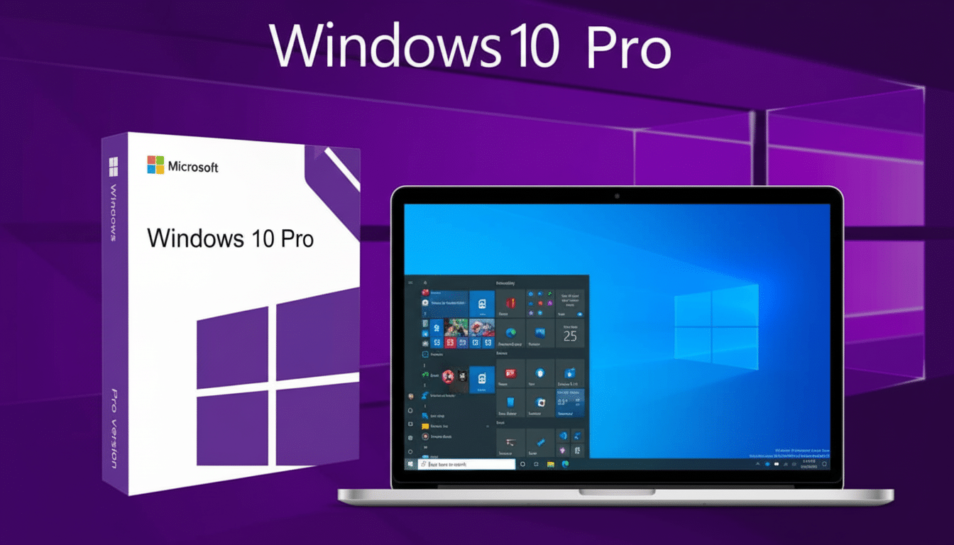 Windows 10 Pro box and laptop with Windows 10 desktop on a purple background.