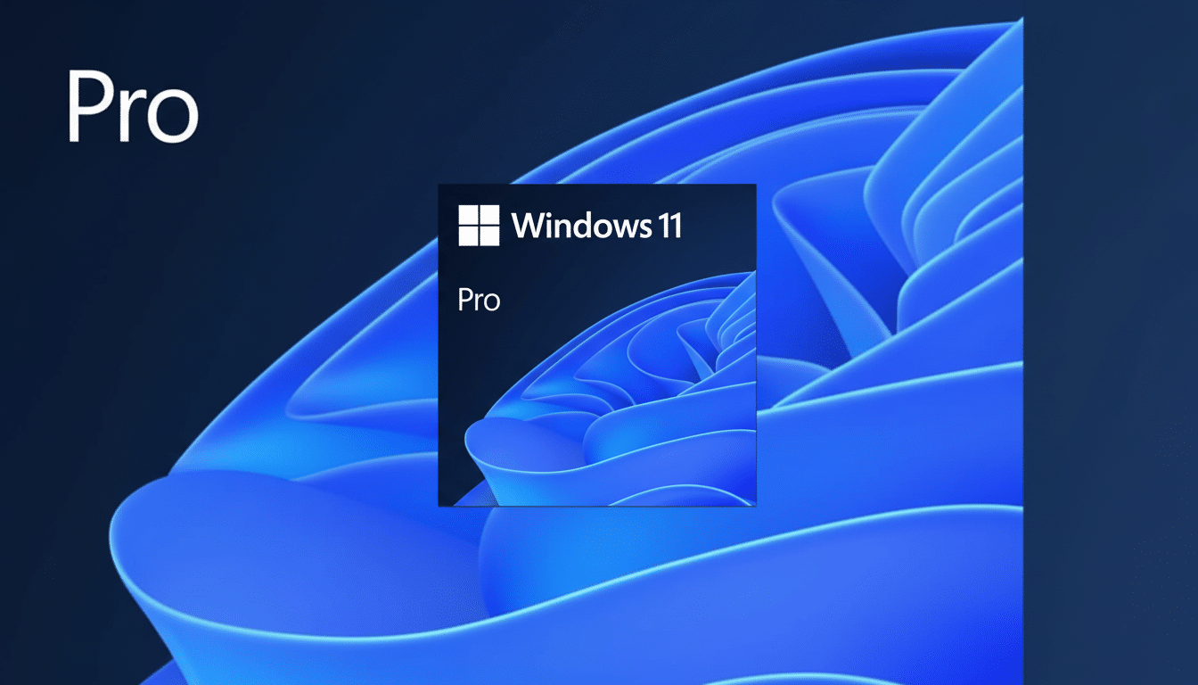 The Windows 11 Pro logo and text are displayed on a dark blue background with abstract blue wavy shapes. The image has been resized to a 16: 9 aspect ratio, showing more of the dark blue background and abstract shapes around the central logo.