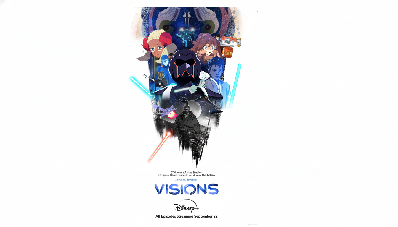 A Star Wars Visions poster featuring various anime characters and spaceships, with the title Star Wars Visions and Disney+ logo at the bottom, set against a white background.