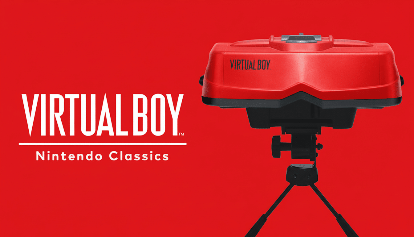 A 16: 9 aspect ratio image of the Nintendo Virtual Boy console on a red background with the V IRTUAL BOY and Nintendo Classics logos.