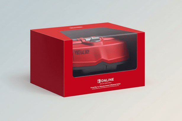 A red Virtual Boy box for Nintendo Switch, presented on a subtle grey gradient background in a 16: 9 aspect ratio.