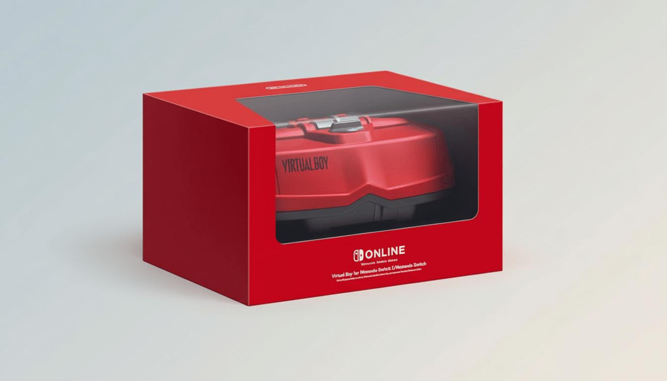 A red Virtual Boy box for Nintendo Switch, presented on a subtle grey gradient background in a 16: 9 aspect ratio.