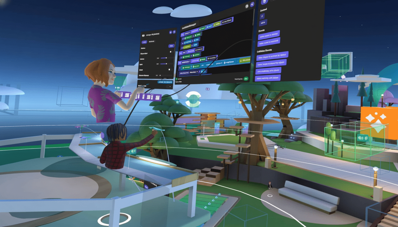 Two people interacting with a holographic interface in a virtual reality environment. One person in a pink shirt is pointing at a dark purple holograp