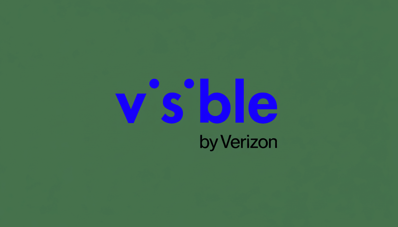 The Visible by Verizon logo, featuring  v 'sible in blue lowercase letters with two blue dots above the ' i 's , and by Verizon in smaller black text below, all set against a muted dark green background. The aspect ratio is 16:9 .