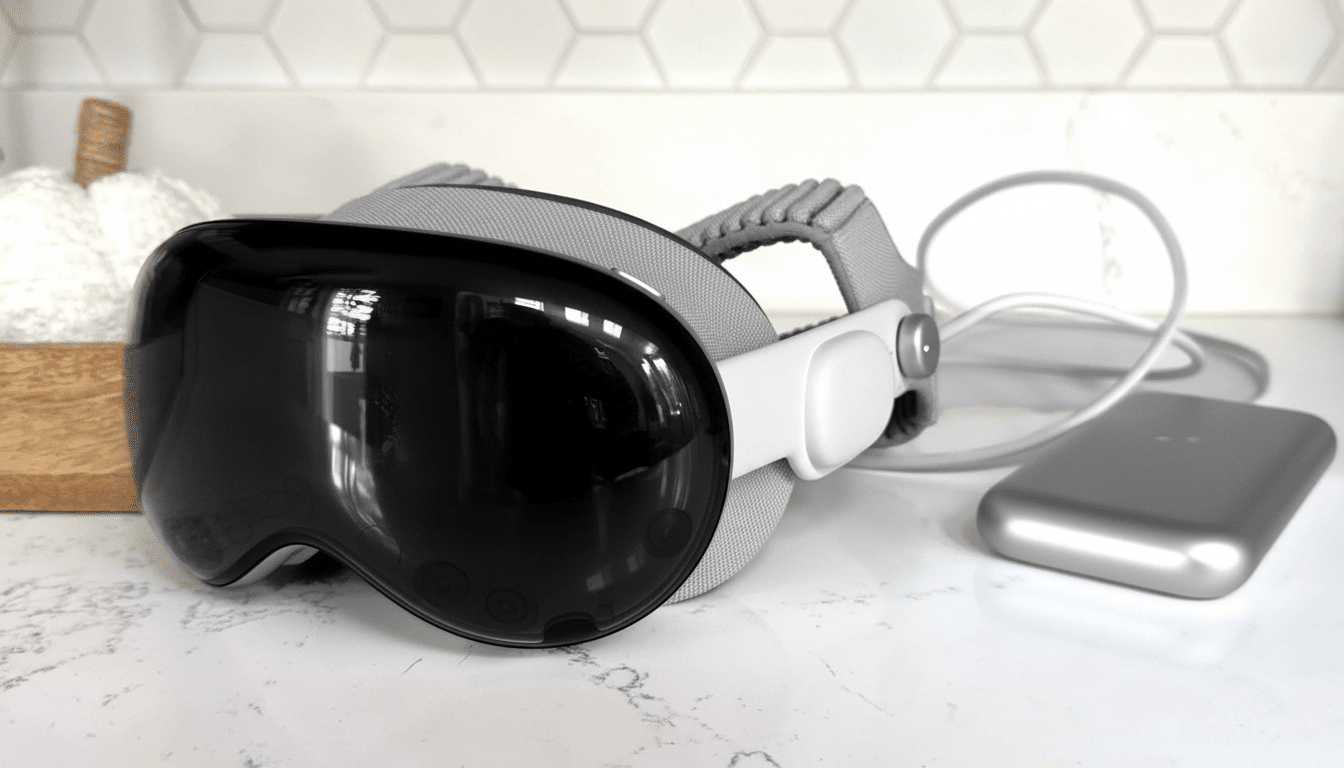 A professional shot of a black and grey virtual reality headset with a silver portable battery pack, set against a kitchen countertop background , resized to a 16: 9 aspect ratio.