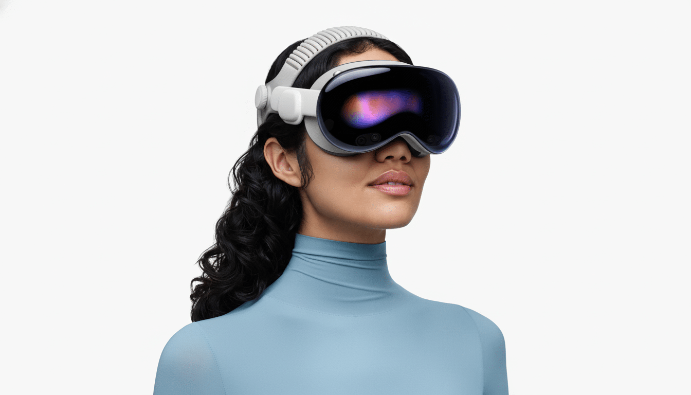 A woman with dark curly hair wearing a white and black VR headset with a purple glowing display, looking slightly to her right. Filename : womanvr headset 169 . png