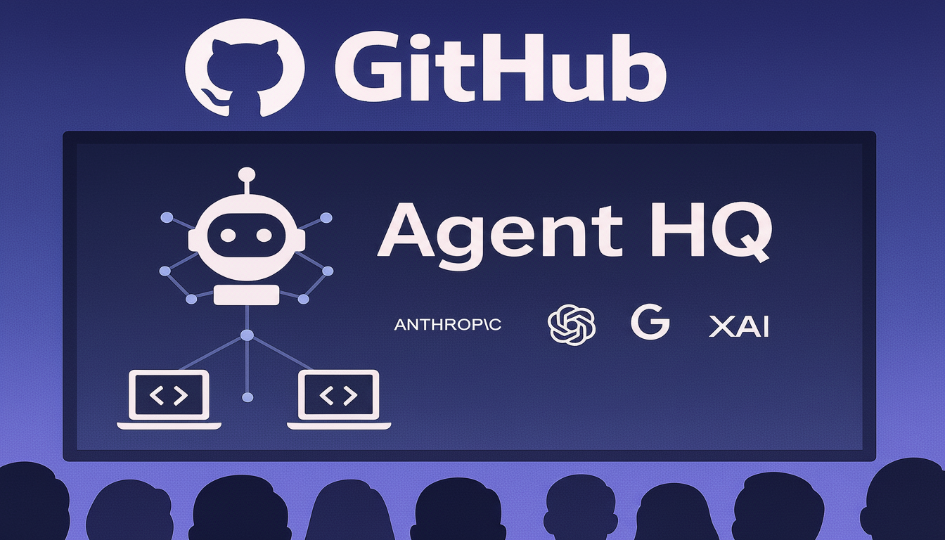 A professional presentation slide with the GitHub logo at the top. The main content features a robot icon connected to two laptop icons, with the text Agent HQ prominently displayed. Below Agent HQ are the logos for Anthropic, Google, and XAI. The background is a deep blue with a subtle gradient, and the bottom edge shows the silhouettes of an audience.