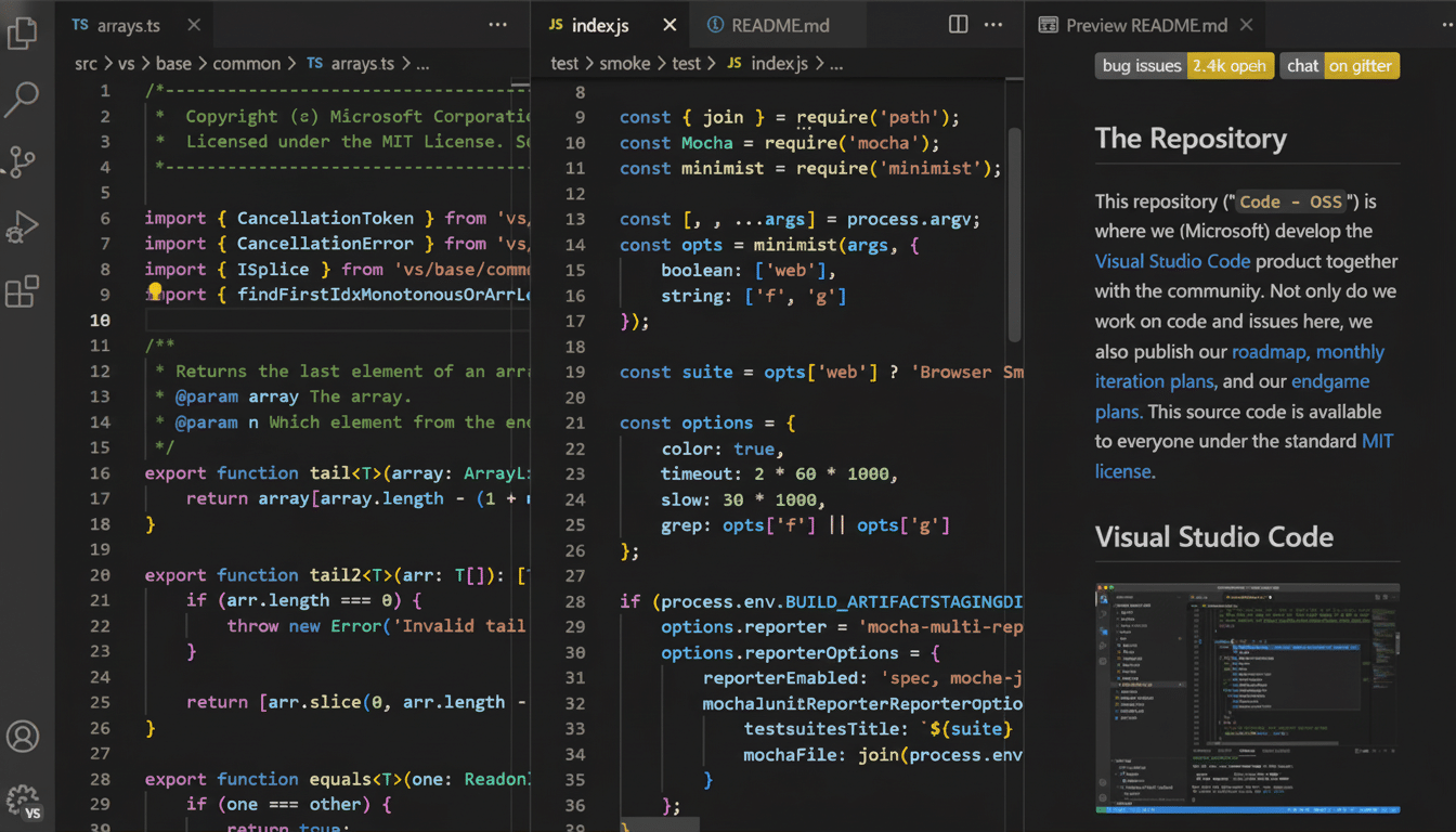 Screenshot of Visual Studio Code interface displaying TypeScript code, JavaScript code, and a README file about the repository, all in a dark theme.