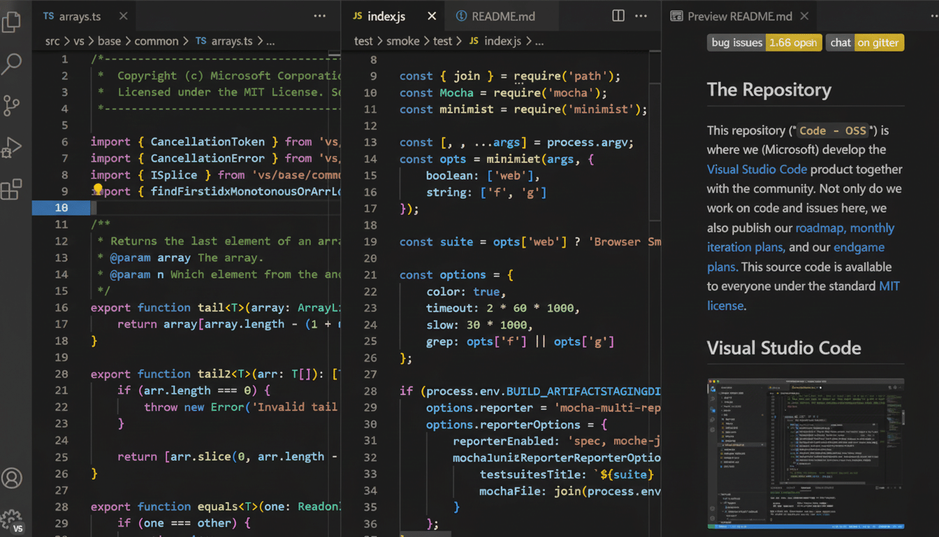 Screenshot of Visual Studio Code interface with code and a README file displayed.