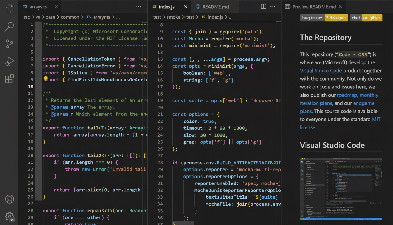 Screenshot of Visual Studio Code interface displaying TypeScript code, JavaScript code, and a README file.
