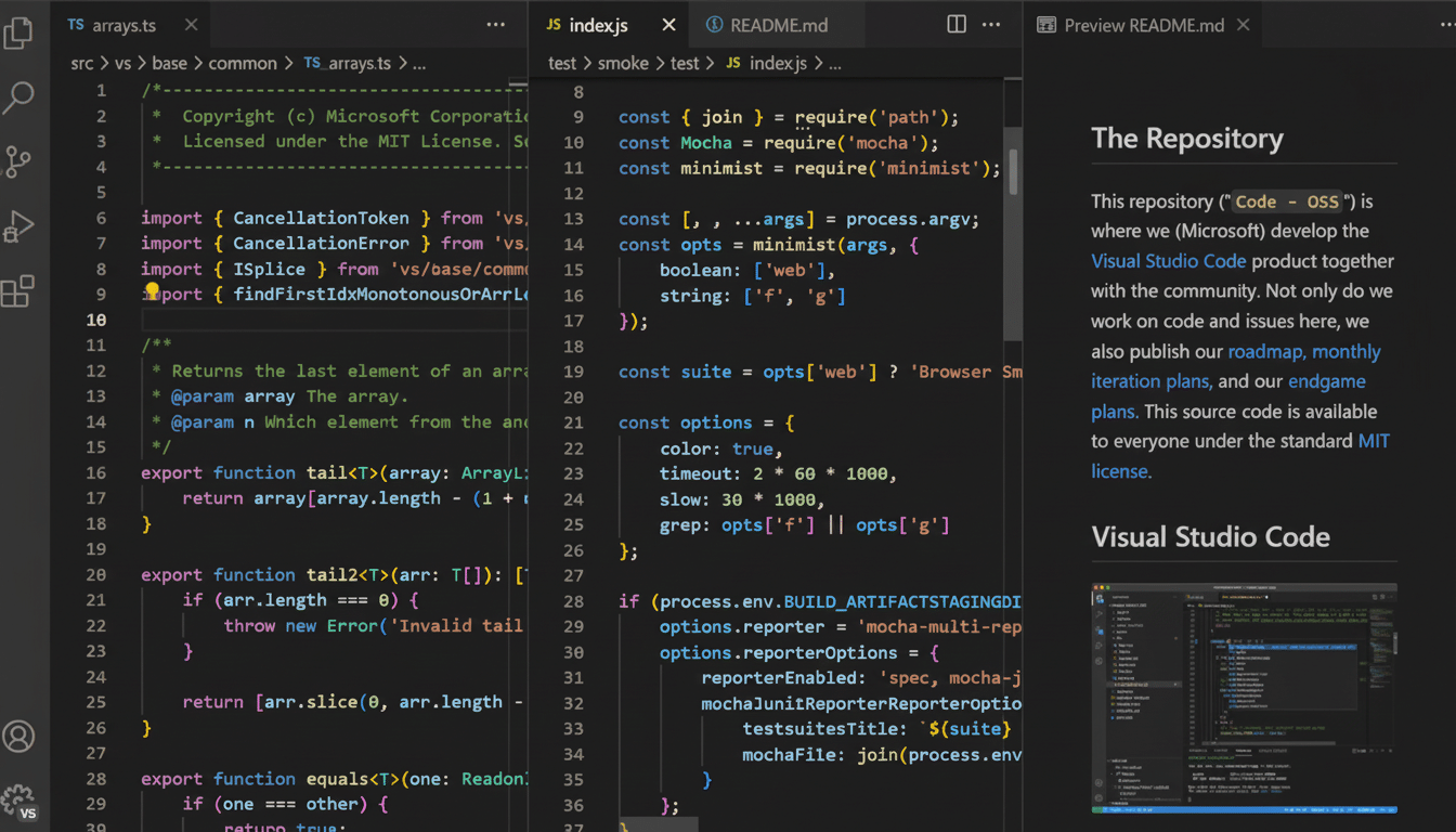 Screenshot of Visual Studio Code interface with code open in multiple tabs and a README file displayed.