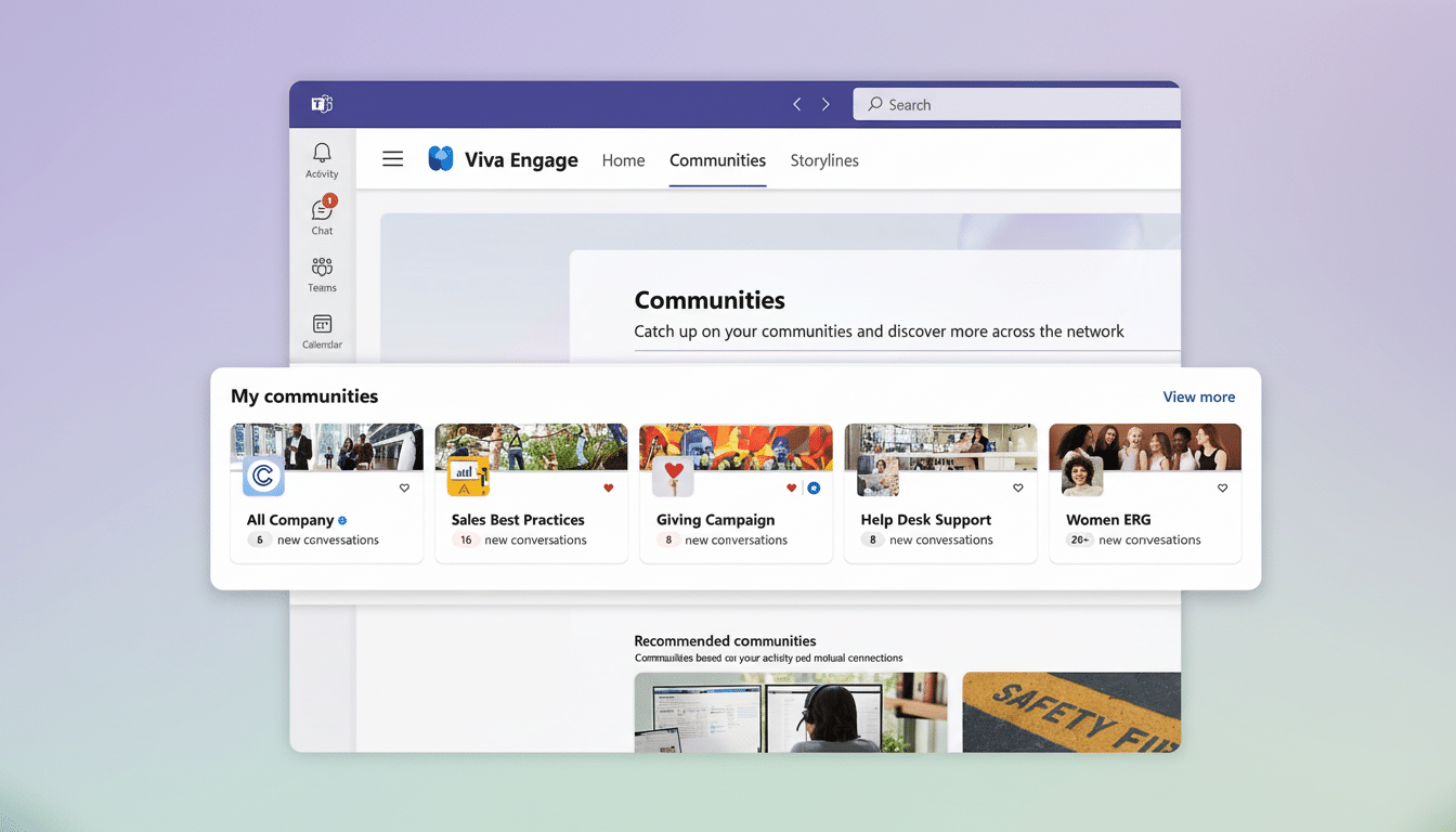 Screenshot of the Microsoft Viva Engage  Communities page, displaying various community cards and recommended communities within a professional interface .