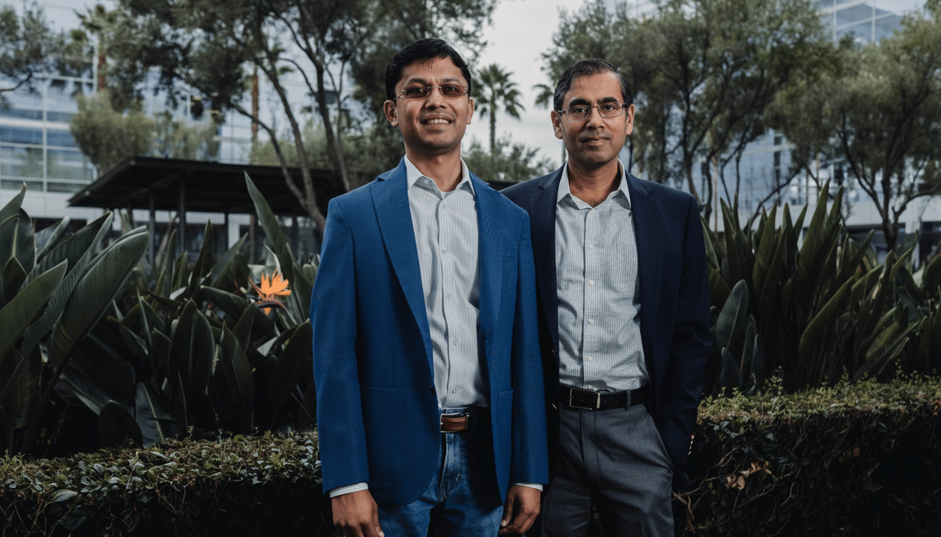 Two men, dressed in business casual attire, stand outdoors amidst lush green foliage with modern buildings in the background . The man on the left wears a blue blazer over a striped shirt and jeans , smiling at the viewer . The man on the right wears a dark blazer over a plaid shirt and gray trousers , looking calmly at the viewer .