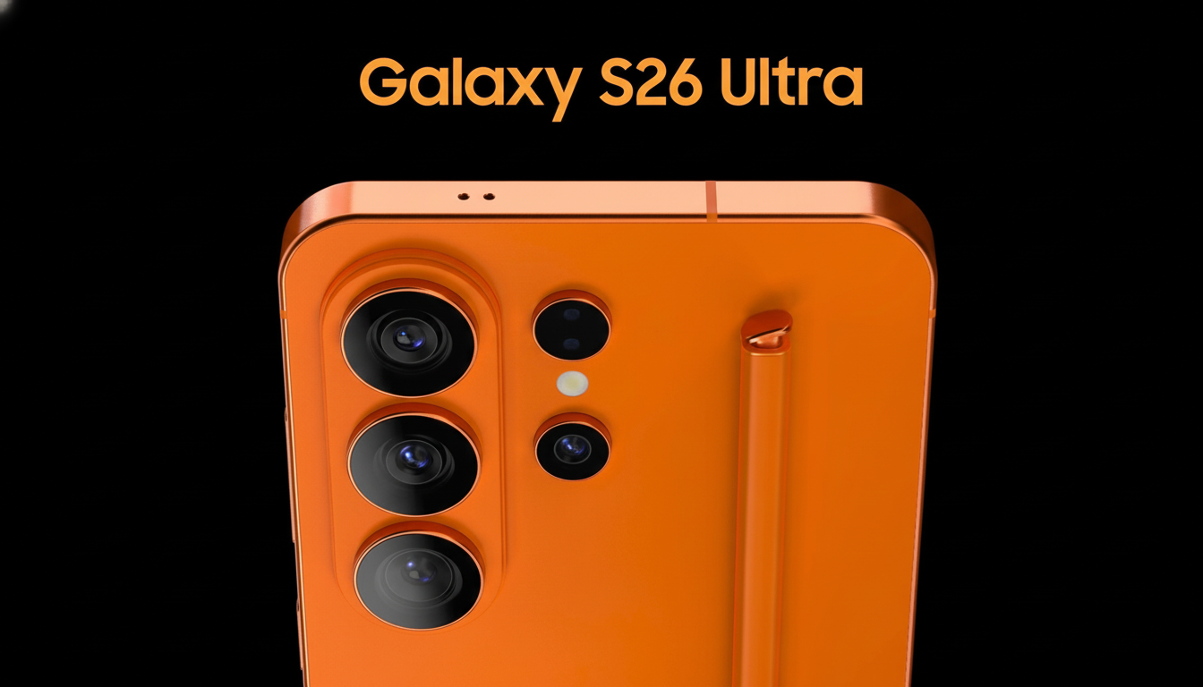 A close-up, professional shot of an orange Galaxy S26 Ultra smartphone, showcasing its camera array and S Pen, set against a black background.