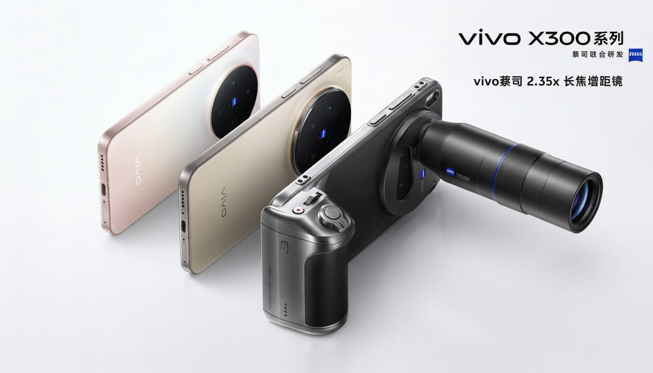 Three Vivo X300 series smartphones, one in rose gold, one in champagne gold, and one in dark gray with an attached telephoto lens, are displayed on a white background.