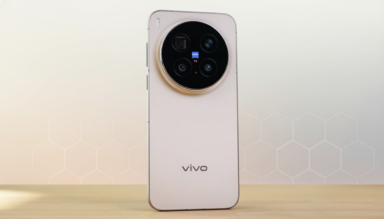 A Vivo smartphone with a large circular camera module on the back, featuring multiple lenses and Zeiss branding, is presented on a wooden surface against a soft gradient background with subtle hexagonal patterns.