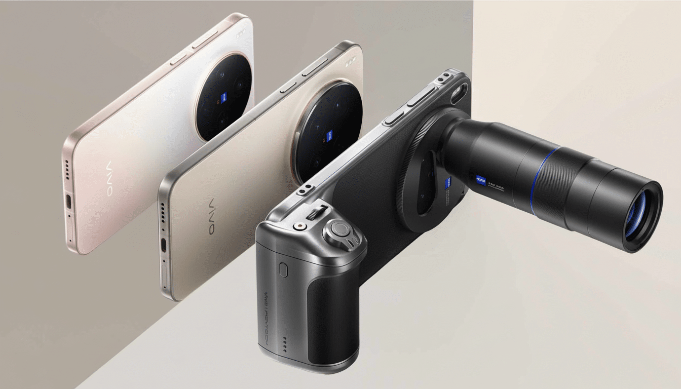 A professional shot of three Vivo smartphones , two in light colors and one in dark grey with an attached tele photo lens, all against a neutral two -tone background.